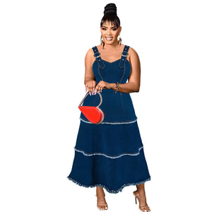 Plus Size Women Long Elastic Sling Tassel Sleeveless Dress