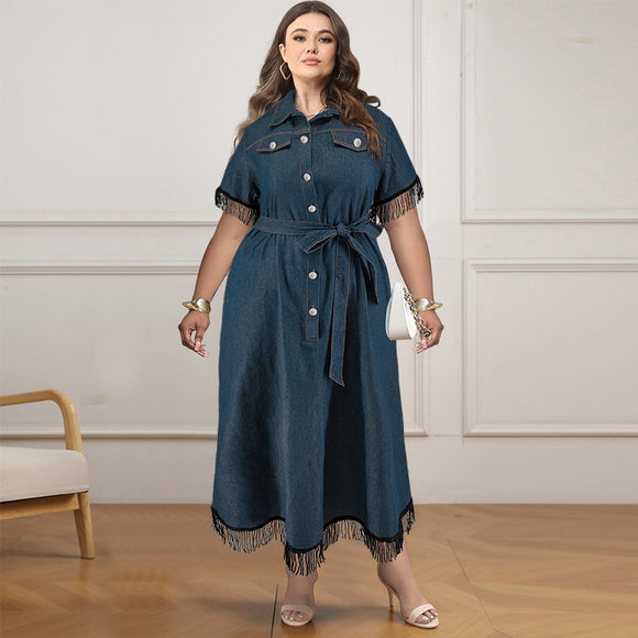 Plus Size Women Clothes Short Sleeve Tassel Collar Decorated with Buttons Belt Dress