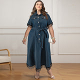 Plus Size Women Clothes Short Sleeve Tassel Collar Decorated with Buttons Belt Dress