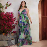 Plus Size Chiffon Spaghetti Straps Sleeveless Maxi Dress Summer Printed V neck Vacation Dress