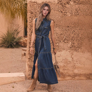 Blue Sleeveless with Waist Lace up Design Imitation Denim Material Single Row Multi Buckle Maxi Dress