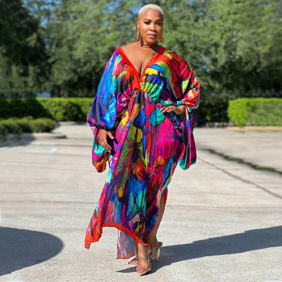 Women V Neck Dress Long Sleeve Silk Printed Dress