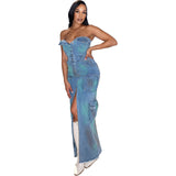 3D Pocket Sexy Bandeau One Shoulder Tie Dye Split Tooling Bag Dress