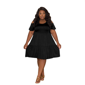 Plus Size Summer Sexy Solid Color round Neck off the Shoulder Short Sleeve Women Clothes Casual Pleated Dress