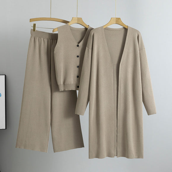 Loose Knitted Sweater Three Piece Set Women Autumn Long Sleeved Cardigan Trendy Thin Looking Casual