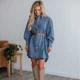 Spring Casual Button Slimming Long Sleeve Denim Dress Women (Without Belted)