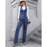 Women Wear Casual Slimming High Waist Straight Leg Denim Jumpsuit Trousers
