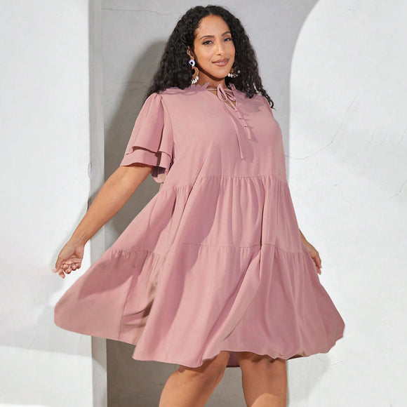 Plus Size Women Summer Casual V neck Little Girl Clothes Three Layer Pleated Dress