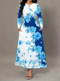 Women Clothing round Neck Long Sleeve Printed Pocket Cinched Swing Dress plus Size Maxi Dress Women