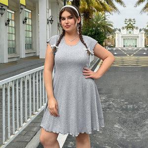 Plus Size Women Clothing Simple Solid Color Round Neck Stringy Selvedge Short Sleeve Mini Dress