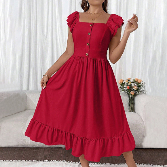 Plus Size Women Clothing Square Collar Flying Sleeve Dress Summer Vacation Red Dress Children