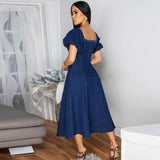 Women Clothing Denim Rubber U Collar Short Sleeve Long Pattern Dress