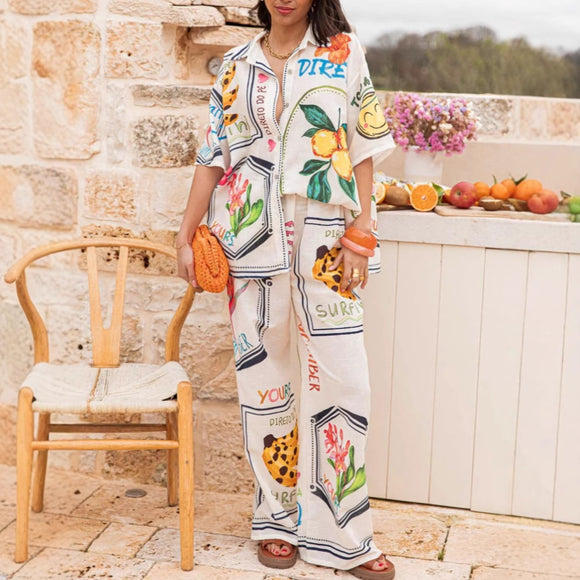 Personalized Graffiti Printed Loose plus Size Casual Shirt Wide Leg Pants Two Piece Sets