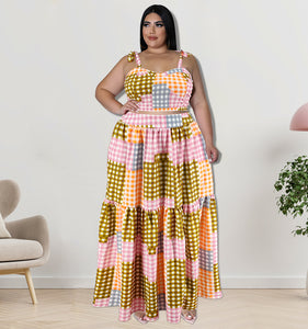 Plus Size Women Clothes Summer Plaid Sling Top Set Large Swing Skirt Sets
