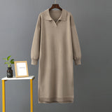 Autumn Winter Polo Collar Base Knitting Loose Solid Color Women Dress