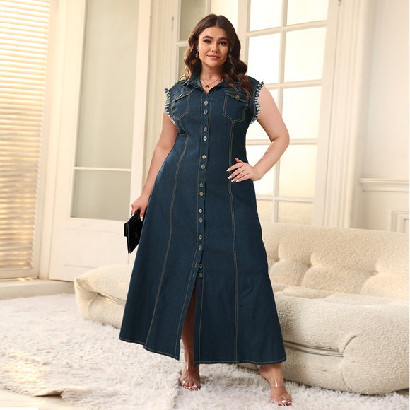 Plus Size Women Button Cardigan Denim Maxi Dress Source