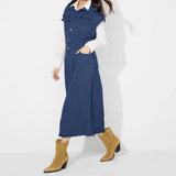 Women Clothing Polo Collar Single Breasted Denim Dress Without Belted