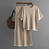 Summer Simple round Neck Short Sleeve Top Sunken Stripe Slimming Draped Pants Color-Contrasting Stripe Knitted Two Piece