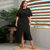 Plus Size Women Clothing Round Neck Pleated Dress Summer Elegant All Match A Line Midi Dress