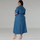 Plus Size Women Clothing Denim Collared Long Sleeve Tied Mid Length Dress