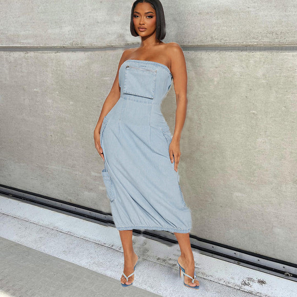 Tube Top Pocket Sexy Backless Washed Denim Dress