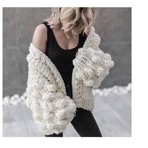 Office Loose Short Winter Hand Woven Ball Lantern Sleeve Sweater Coat Women