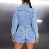 Women Clothing Collared Pocket Slim Fit Slimming Long Sleeves Overall Jeans Rompers