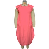 Plus Size Women Solid Color Double Pocket Loose Dress