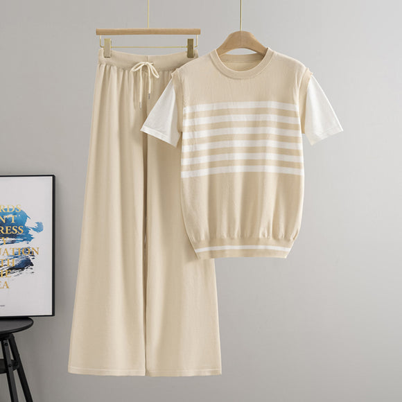 Striped Knitted Short Sleeved Wide Leg Trousers Women Summer Younger Western Two Piece Set