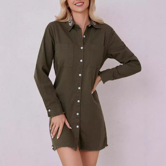 Autumn Single Breasted Shirt Casual Cardigan Collared Dress Long Sleeve