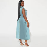 Plus Size Women Collared Sleeveless Denim Long Lace Up Dress