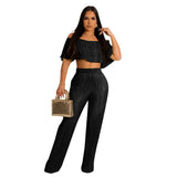 Women Clothing Popular Pleated Ruffled Off Shoulder Wide Leg Pants Suit