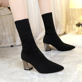 Fleece Breathable Ankle Boots Women Pointed Chunky Heel Knitted Stretch Boots