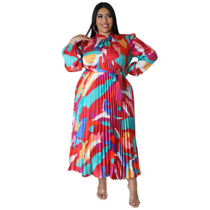 Plus Size Women Clothing Color Lace up Long Sleeve Printed Pleated Dress for Women