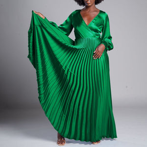 Women Clothing V neck Long Sleeve Pleated Dress plus Size Dress