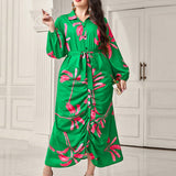 Plus Size Autumn Winter Youthful Looking Simple Elastic Waist Printed Dress Women Clothing