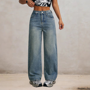 Retro Korean Type Wide Leg Jeans for Women Autumn Winter Trends High Waist Loose Slimming Straight Long Pants