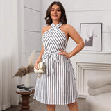 Plus Size Women Clothing Black White Striped Halter Dress