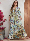 Plus Size Middle East High Pin Oversized Women Summer Chiffon Printed Mid Sleeve Long Holiday Dress