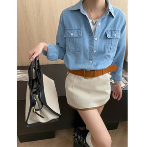 Early Autumn Relaxed Old Money Flip Pocket Design Bandage Dress Casual Denim Shirt