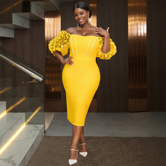 Sexy Tube Top See through Lantern Sleeve Dress Party Beaded One Step Dress