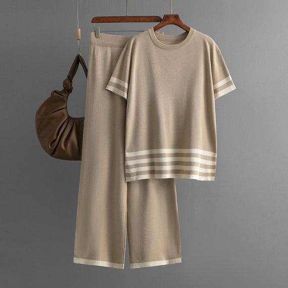 Contrast Color Striped Slit Short Sleeve Sweater High Waist Slimming Wide Leg Pants Trousers Casual Two Piece Set