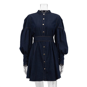 Denim Shirt Dress Niche Design Lantern Sleeve Lace up Graceful Fashionable Dress