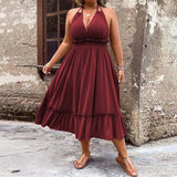 Plus Size Women Roman Vacation Dress Summer V neck Halter Midi Dress