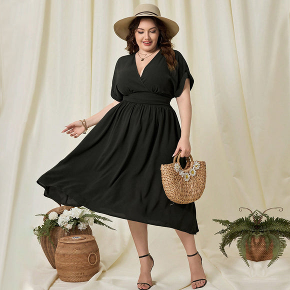 Plus Size Women Clothing V Neck Slim Fit Short Sleeved Dress Vacation High Waist A Line Seaside Beach Women