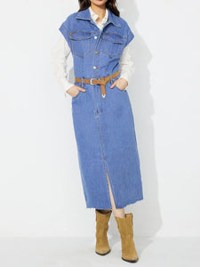 Women Clothing Polo Collar Single Breasted Denim Dress Without Belted