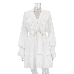 V neck Pleating Bell Sleeve Ruffled White Dress Spring Women Design Pettiskirt