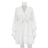 V neck Pleating Bell Sleeve Ruffled White Dress Spring Women Design Pettiskirt