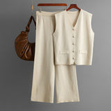 Sleeveless Summer Solid Color Knitted Vest Top Wide Leg Pants Two Piece Set for Women