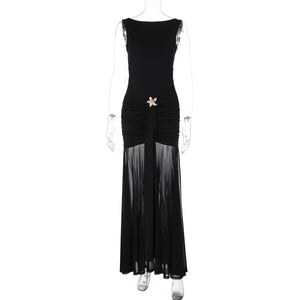 Summer Arrival Women Clothing Sexy Mesh Stitching Backless Solid Color Waist Controlled Dress